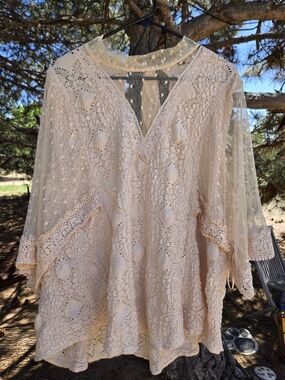 Free People Blush Pink Lace Crochet V-Neck Tunic